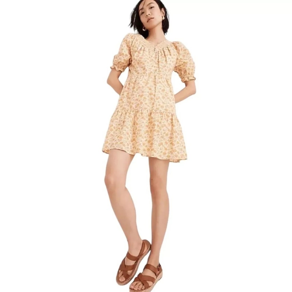 NWT Madewell Yellow Floral Eyelet Trim Tiered  Piccola Dress Puff Sleeve XXS‎ XS